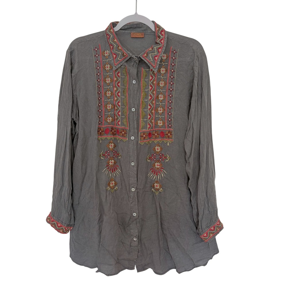 Scully Western Tunic Shirt Gray Embroidered Coastal Cowgirl Boho L Read Defect